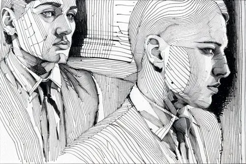 pencil art,pencil drawings,two people,pen drawing,pencil and paper,office line art,drawing mannequin,split personality,bloned portrait,pencil drawing,self-reflection,hand-drawn illustration,handdrawn,