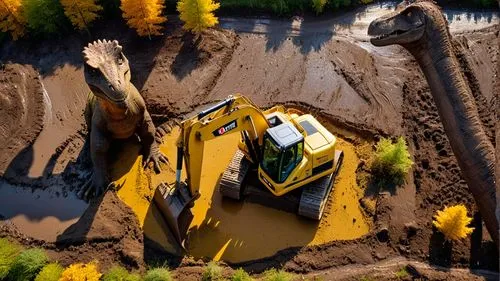 Dinosaurs, construction, excavator, mud, hole, trees, forest, meadows, yellow, red,excavator,volvo ec,two-way excavator,excavators,mining excavator,rope excavator,backhoe,excavation,digging equipment,