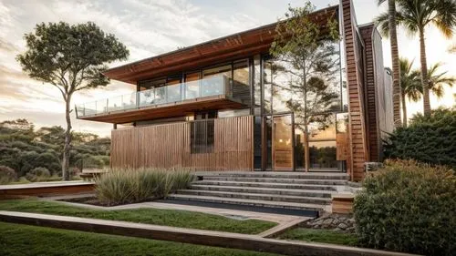 this home has wooden walls and is surrounded by palm trees,mid century house,landscape design sydney,mid century modern,modern house,landscape designers sydney,dunes house,Architecture,General,Modern,