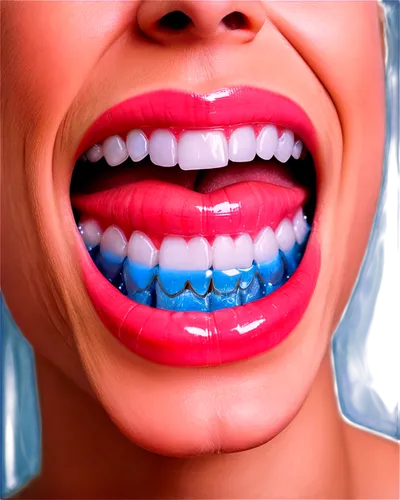 Teeth, dental close-up, white shiny teeth, straight alignment, slight smile, lips parted, tongue visible, oral cavity, mouthwash blue liquid, dental mirror reflection, softbox lighting, high contrast,