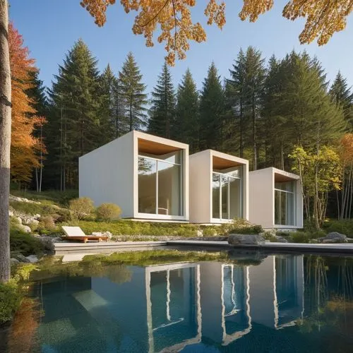 Diseño de 3 cabañas, estilo mínimalista a base de cubos recubiertos de lámina de acero con un ventanal panorámico qué mira  un lago, agua azul, reflejos, sombras, corrección de herrores, proporción, f