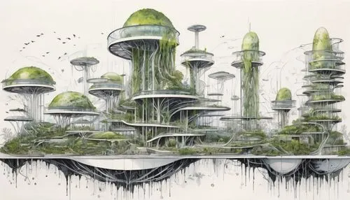 mushroom landscape,mushroom island,ecotopia,mushrooms,terraformed,conocybe,forest mushroom,polypores,forest mushrooms,shrooms,mycena,arcology,mycelial,fungi,mycelium,futuristic landscape,biospheres,refugium,fungal science,inhabitants,Illustration,Black and White,Black and White 34