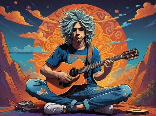 cavaquinho,painted guitar,gyro,guitar,guitar player,guitar solo,shamanic,art bard,pachamama,musician,guru,spotify icon,sakana,charango,sun god,psychedelic art,bodhi,herbal rocker,the guitar,2d,Illustration,American Style,American Style 14