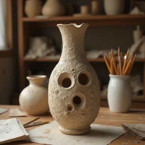 Mud-inspired decorative vase, earthenware, ceramic material, organic texture, natural earth tone color palette, abstract shape, unique structure, studio setting, wooden workbench, scattered design ske