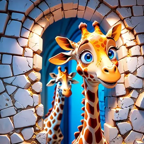 3d giraffe cartoon charactor popping out of cracked wall, white ceramics wall,bright blue eyes photography,melman,giraffe plush toy,giraffe,kemelman,geoffrey,giraffa,two giraffes,madagascan,doorway,fa