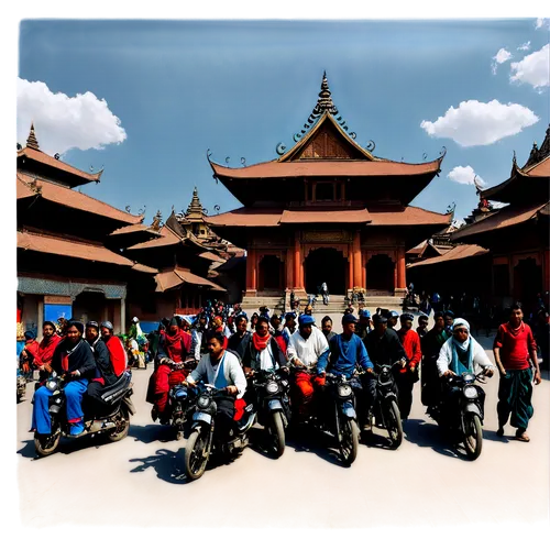 Kathmandu cityscape, Durbar Square, ancient architecture, intricate carvings, ornate temples, vibrant colors, Nepalese flags, crowded streets, local people, traditional clothing, motorbikes, rickshaws