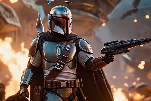 a Mandalorian Bounty hunter wielding a blaster pistol, Black painted armor, wearing a cape, Mercenary, Bounty Hunter, ruthless, Stoic, Cold blooded, Starport with many aliens of various species, droid