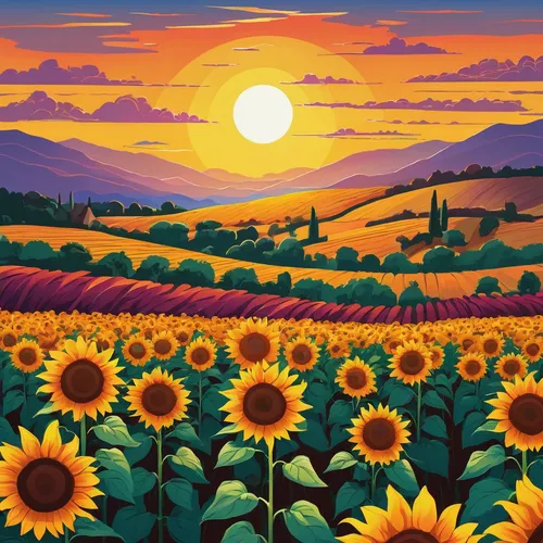 sunflower field,sunflowers,sunflowers in vase,sun flowers,helianthus sunbelievable,sunflower coloring,sunflower paper,flower field,sun daisies,flowers field,sunflowers and locusts are together,sunflower,perennials-sun flower,sun flower,field of flowers,blooming field,sun,helianthus,solar field,flower painting,Illustration,Retro,Retro 22