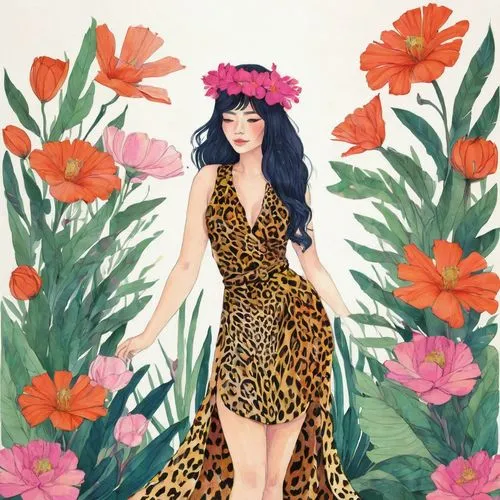 tiger lily,tigerlily,kimbra,girl in flowers,floral background,flower animal,Illustration,Paper based,Paper Based 19