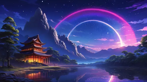 fantasy landscape,purple landscape,landscape background,mid-autumn festival,dusk background,japan landscape,moon and star background,meteora,fantasy picture,dream world,japanese background,sakura background,crescent moon,music background,futuristic landscape,moonlit night,electric arc,background screen,fantasy world,hanging moon,Illustration,American Style,American Style 01