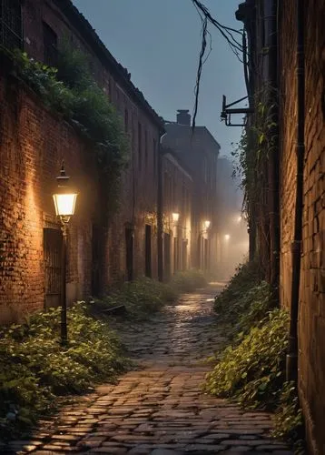 Abandoned, dead-end, narrow alleyway, old, worn-out, brick walls, crumbling stone pavement, dimly lit, eerie atmosphere, mysterious shadows, twisted vines crawling up walls, rusty metal gates, overgro