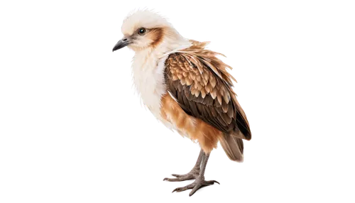 Close-up, detailed feathers, fluffy texture, brown and white plumage, small beak, curious eyes, standing pose, one leg lifted, farm animal, natural light, shallow depth of field, warm color tone, soft