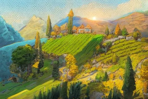 Acabado al oleo de estilo impresionista
Uso de tonos verdes y paisaje primaveral
,alpine village,mountain scene,mountain village,autumn mountains,panoramic landscape,vineyards,lavaux,landscape backgro