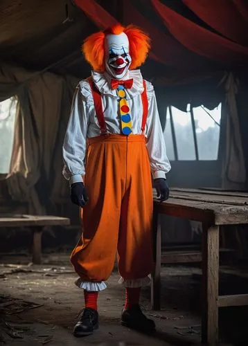 Desantis clown, creepy smile, red nose, white face paint, colorful wig, oversized shoes, bright orange costume, ruffled collar, holding a squirt gun, standing in a dimly lit abandoned circus tent, old