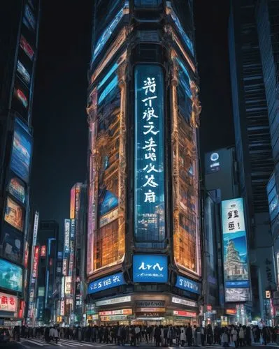 Modern skyscraper, futuristic design, metallic materials, reflective glass, angular edges, sleek lines, LED lights, nighttime cityscape, bustling streets, crowded sidewalks, Tokyo metropolitan area, n