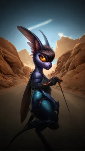 Sexy anthro blowfly cockroach furry model,jerboa,blue-winged wasteland insect,sphinx pinastri,desert fox,steppe hare,stitch,kobold,desert background,scarab,coach horse beetle,skylanders,dusk backgroun