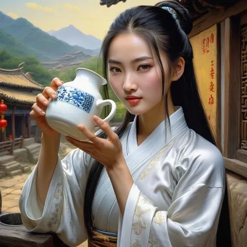 gongfu,yinzhen,baijiu,kunqu,yunnan,japanese tea,korean culture,oriental girl,oriental painting,pouring tea,goryeo,soju,woman drinking coffee,shizong,hanfu,jingqian,rongfeng,dongbuyeo,sizhao,yanzhao,Illustration,Realistic Fantasy,Realistic Fantasy 03