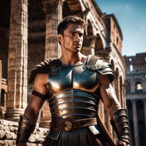 Muscular man, gladiator costume, powerful physique, strong facial features, short brown hair, intense gaze, bronze armor, shoulder pads, chest plate, leather straps, sandals, holding a sword, standing