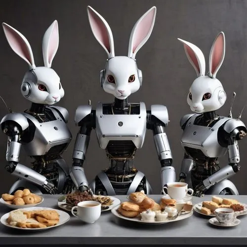 easter brunch,droids,easter rabbits,rabbit family,robots,anthropomorphized animals,robotics,breakfast buffet,culinary art,easter pastries,waiting staff,hot cross buns,marzipan figures,foodies,bunnies,rabbit meat,happy easter,fine dining restaurant,chefs,doll kitchen,Photography,General,Realistic