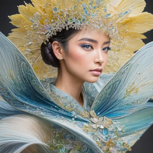 Fashion model adopts an elegant stance, reminiscent of Konstantin Razumov\'s impressionistic touch, captured in the hyper-detailed, sharp focus style of Miki Asai\'s macro photography, trending on Art