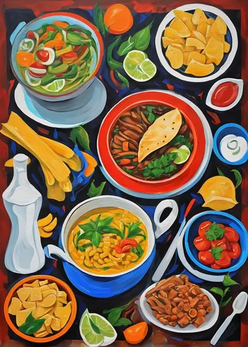 food collage,puerto rican cuisine,mexican foods,latin american food,pozole,food table,leittafel,food icons,tex-mex food,costa rican cuisine,ceviche ecuatoriano,placemat,the dining board,cuban food,oil painting on canvas,foods,caldo de pollo,ceviche,mexican mix,mediterranean cuisine,Conceptual Art,Oil color,Oil Color 24