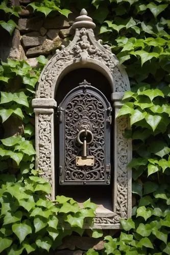 Rustic wooden mailbox, vintage metal replacement key, ornate details, decorative lock, mounted on a stone wall, surrounded by overgrown ivy, in front of a medieval-inspired European-style villa, with 