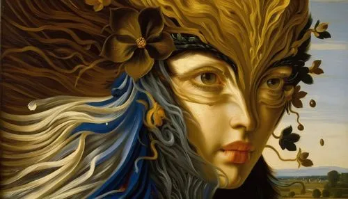 botticelli,dali,the angel with the veronica veil,virgo,surrealism,monarch,artemisia,venus,golden crown,woman's face,gatekeeper (butterfly),venetian mask,baroque angel,vanessa cardui,el salvador dali,golden mask,lacerta,archangel,aporia,cupido (butterfly),Art,Classical Oil Painting,Classical Oil Painting 07