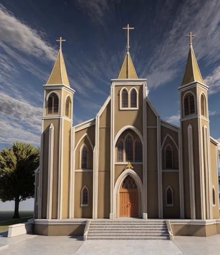 a yellow cathedral on the street under a blue sky,medjugorje,minor basilica,san pedro de acatama,catholicosate,reinet,notre dame de sénanque