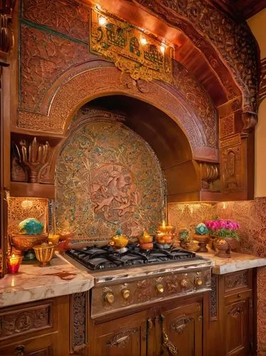 Indian kitchen, interior design, traditional, warm color scheme, wooden cabinets, intricate carvings, marble countertops, copper utensils, colorful tiles, vibrant fabrics, ornate lighting fixtures, sp