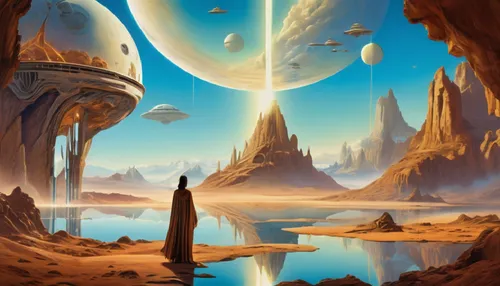 starships flying scross the sky, planets moving slowly,a person looking at artwork on the wall,futuristic landscape,fantasy landscape,alien planet,alien world,barsoom,fantasy picture