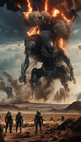 a sci - fi robot is surrounded by fire and smoke,apokolips,firefall,helghan,hawken,helghast,doomsday