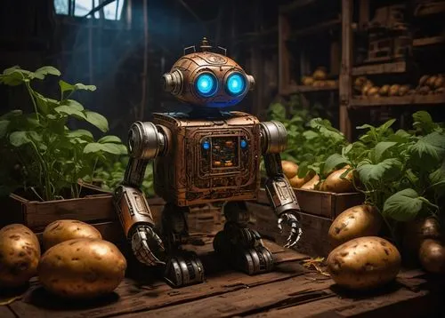 Robot made of potatoes, shiny metallic body, glowing blue eyes, steam punk inspired design, intricate mechanical details, surrounded by lush green vines, old wooden crates, and scattered potato peels,