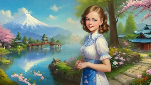 Romantic masterpiece oil painting, cute girl portrait, nostalgic 1950's style kitsch, beautiful exotic rural vast Japanese landscape, cherry blossom scenery, Shinto Japanese sakura, flower petals, by 