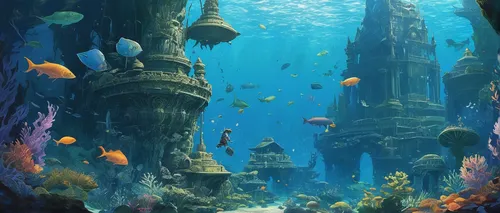 underwater landscape,underwater oasis,underwater playground,underwater background,underwater world,ocean underwater,coral reef,aquarium,ocean floor,undersea,under the sea,under sea,sunken church,underwater,seabed,fish tank,coral reefs,school of fish,long reef,sea life underwater,Illustration,Japanese style,Japanese Style 10