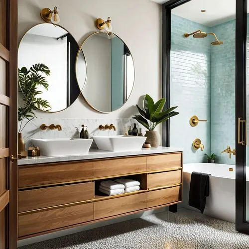 luxury bathroom,vanities,bath room,modern minimalist bathroom,gold stucco frame,gold foil laurel,bathroom,gold lacquer,beauty room,brassware,bagno,contemporary decor,dressing table,berkus,wood mirror,rohl,washstand,ensuite,gold wall,washlet,Photography,General,Realistic