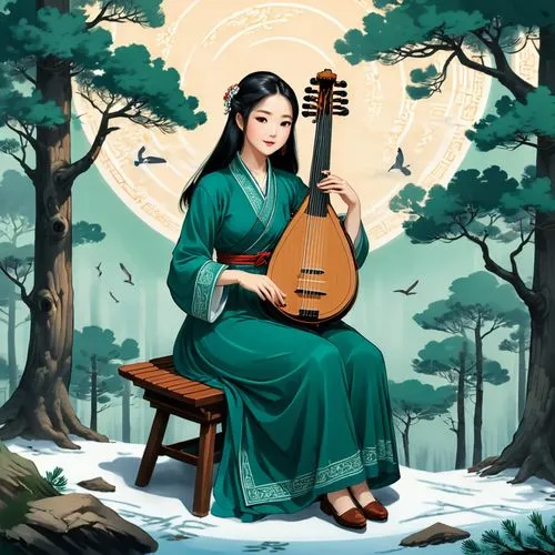 guqin,saraswati,gayageum,sarasvati,takamine,guzheng,Illustration,Japanese style,Japanese Style 07