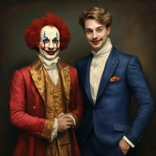 two people dressed up in costumes, one wearing a red wig and the other wearing a suit,ventriloquist,clowns,ventriloquism,jokers,magicians,cirque