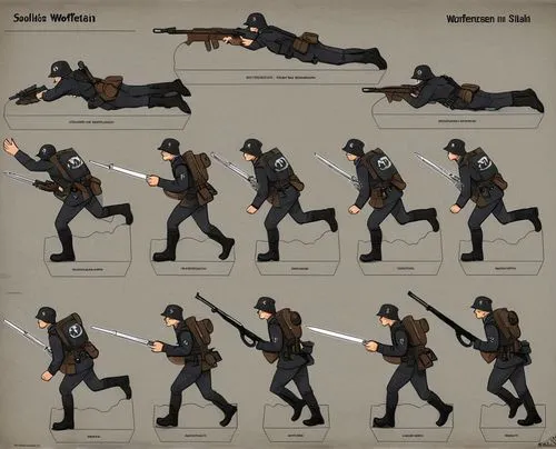 Futuristic Wolfenstein Nazi germany waffen ss soldier in black ss uniform with Stahlhelm and futuristic weapon,fighting poses,bandit theft,sledge,male poses for drawing,vector infographic,swat,police 