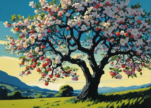 Write a poem capturing the euphoria of a blossoming apple tree in a sunny meadow.,blossoming apple tree,apple tree,almond tree,apple trees,apple blossoms,cherry tree,still life of spring,fruit tree,al