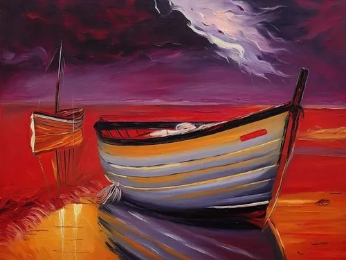 boat landscape,sailing boat,oil painting on canvas,dories,sail boat,sailboat,Illustration,Abstract Fantasy,Abstract Fantasy 14