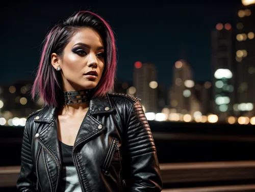 
Wearing a punk leather jacket and beautiful makeup,against the current,leather jacket,banks,dark purple,photo session at night,myna,mini,portrait photography,purple background,city ​​portrait,portrai