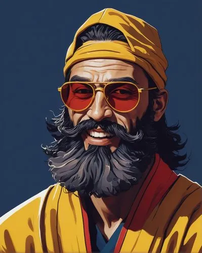 A stylized portrait of a character with exaggerated facial features: a tall forehead, small yellow-framed sunglasses with red-tinted lenses, and a wide mouth with a menacing grin showing teeth. The fi