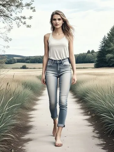 The picture shows a person with long, blond hair tied back in a high ponytail, standing barefoot outdoors in a wooded area. In the background are trees, bushes and a hint of a small fence in the middl