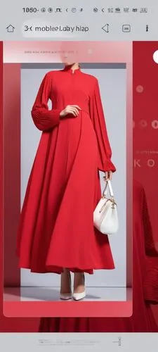 3d fashion drawing of women red  long maxi red abaya fashion Muslim hijab with the pelisee and a lot of pleats on   sleeves pleated sleeves and elastic on the hand of the sleeves abaya with elastic sl