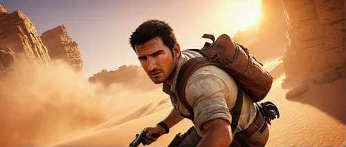 Nathan Drake character, action pose, climbing, rugged outfit, leather holster, desert environment, ancient ruins, sandstorm, dynamic lighting, wide-angle shot, realistic textures, detailed facial stub