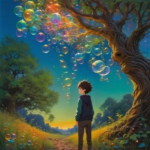 a cheerful boy,a person watching a tree with bubbles in it,soap bubbles,soap bubble,giant soap bubble,bubbles,imaginacion,colorful balloons