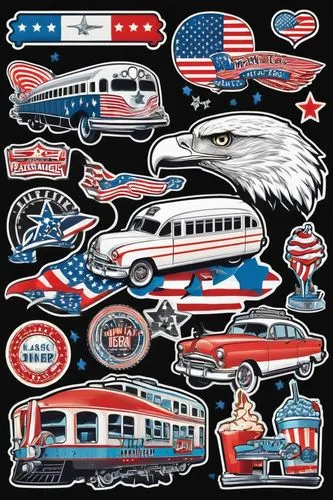 A charming black and white vector illustration featuring a collection of Americana-style stickers. The design includes a vintage-looking train, a star-spangled flag, a classic diner, and a majestic ea