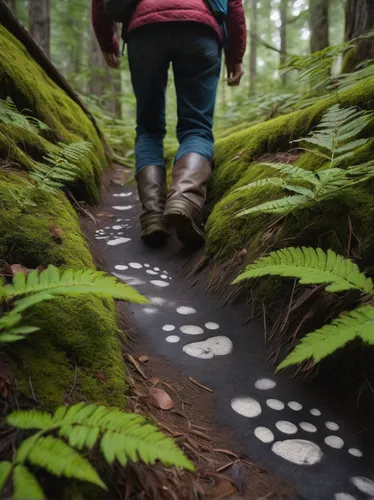 forest floor,vancouver island,forest path,hare trail,hiking path,old-growth forest,hiking shoe,wooden path,hiking shoes,forest moss,footsteps,trail,footstep,forest walk,crooked forest,pathway,flooded pathway,northwest forest,tree top path,bear footprint,Conceptual Art,Oil color,Oil Color 05