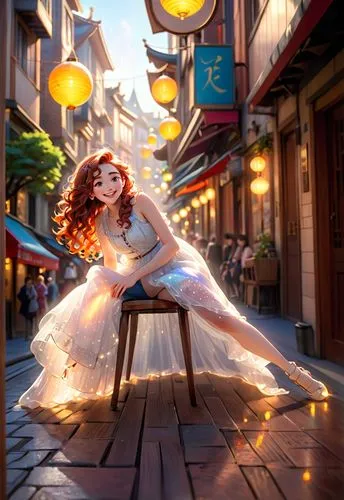 the photography depicts a captivating woman with long, flowing chestnut hair and a fiery red lips. Her long, brown curly hair is brought to life as she sits in a wooden chair in the middle of a bright