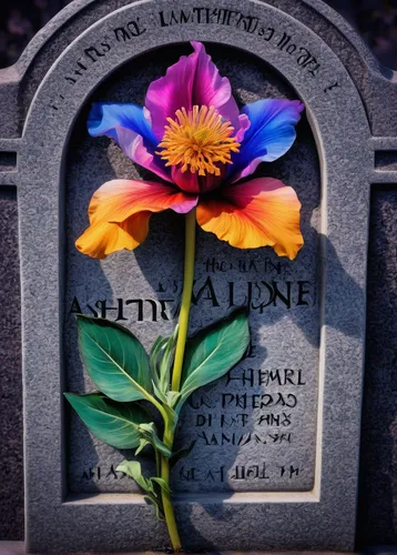 Describe a melancholic scene of a withered flower lying alone on a tombstone.,cemetery flowers,children's grave,headstone,grave arrangement,grave stones,tombstone,gravestone,soldier's grave,grave,anim